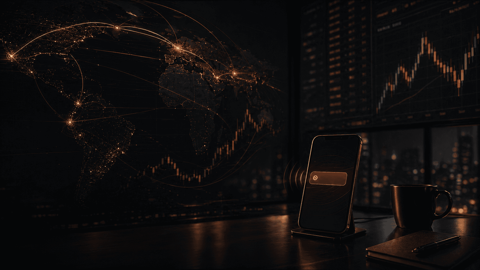 FinON market monitoring visual with global signals and phone alert